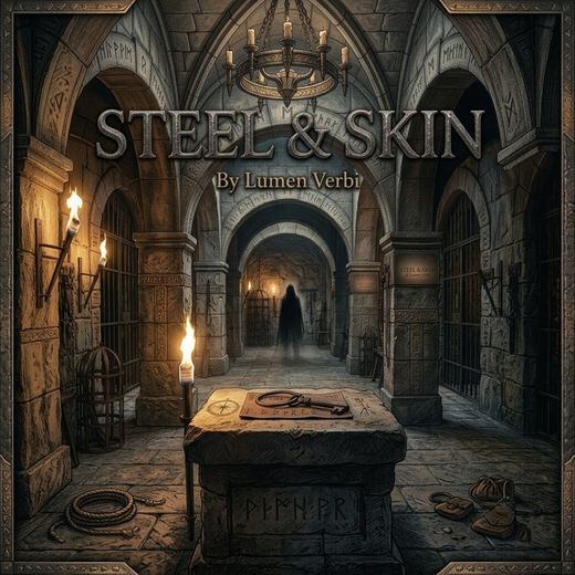 Steel & Skin album cover — a torch-lit vaulted chamber, a key and parchment on a stone altar